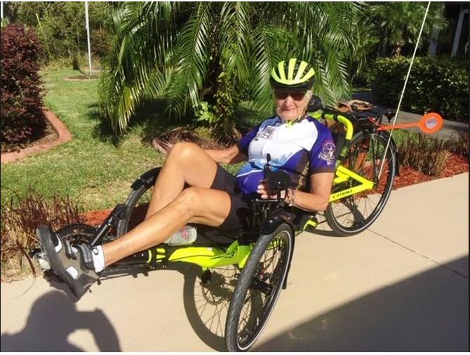 Elaine Becker on her recumbent trike.