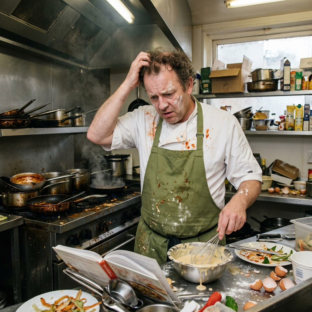 Chef with stained apron scratching head and mixing batter in cluttered kitchen