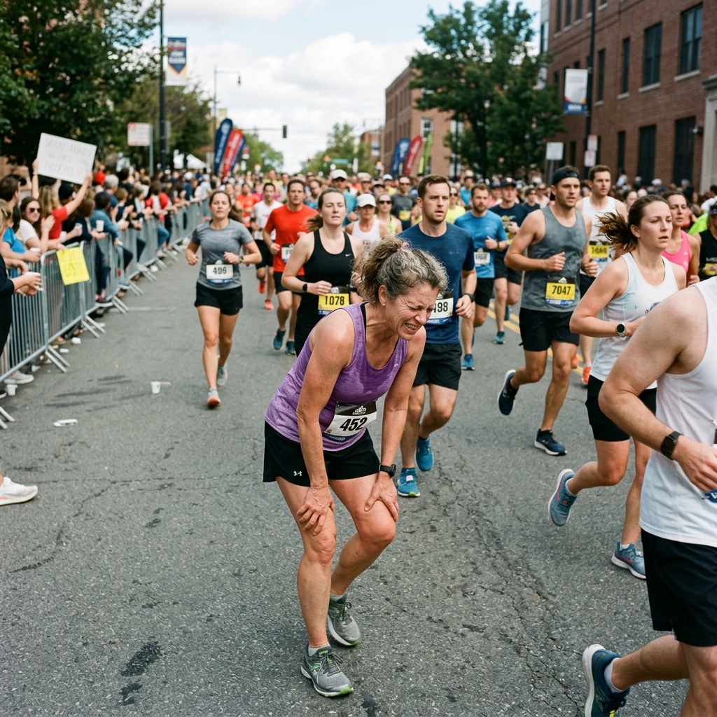 Female marathon runner bent over in pain among other runners