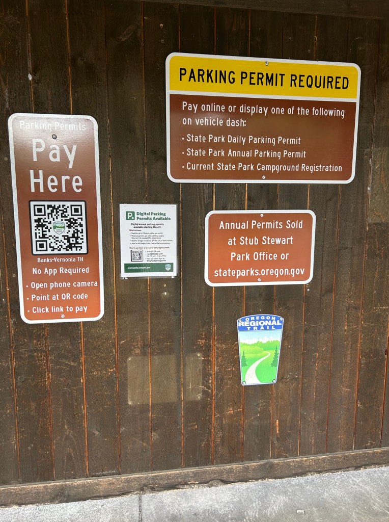 Oregon State Parks parking lot signage at the Banks/Vernonia Trail trailhead