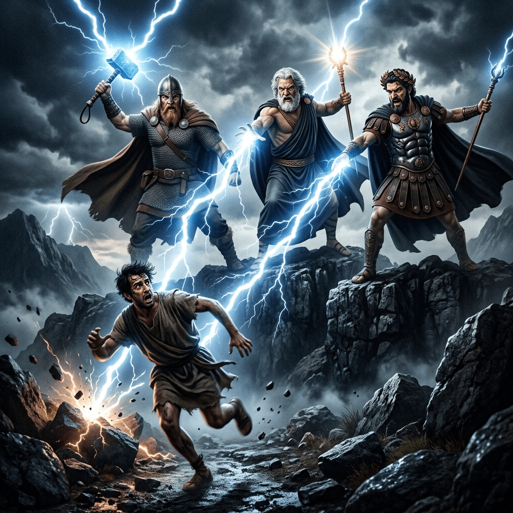 Three mythological gods wielding lightning attacking a fleeing man on rocky terrain